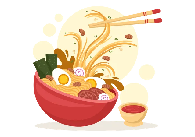 Ramen Vector Illustration Of Japanese Food With Noodle Chopsticks Miso Soup Egg Boiled And Grilled Nori In Flat Cartoon Hand Drawn Templates Illustration
