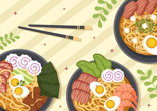 Ramen Vector Illustration Of Japanese Food With Noodle Chopsticks Miso Soup Egg Boiled And Grilled Nori In Flat Cartoon Hand Drawn Templates Illustration