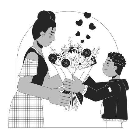 Ramo de flores en el día de la madre en blanco y negro.  Ilustración