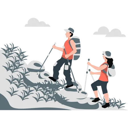 Un couple de randonneurs commence à grimper en montagne  Illustration