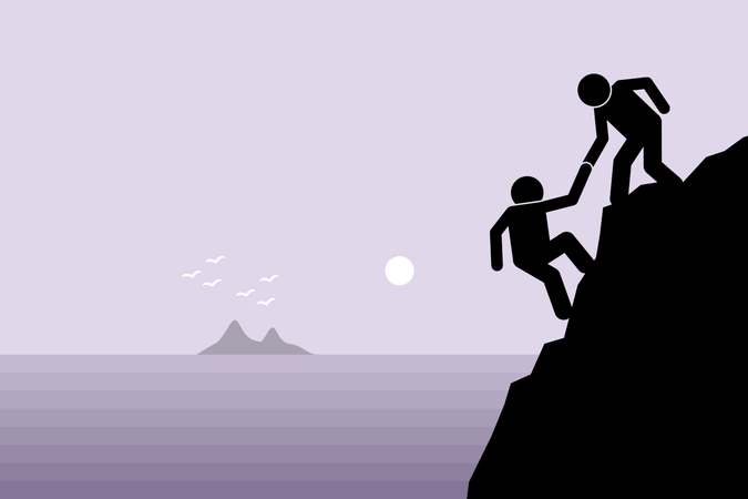 Randonneur aidant un ami à grimper sur une falaise rocheuse dangereuse en montagne en le tirant avec la main  Illustration