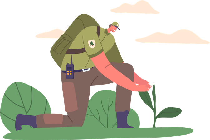 Ranger Forester Sprout plantando em solo adequado  Ilustração