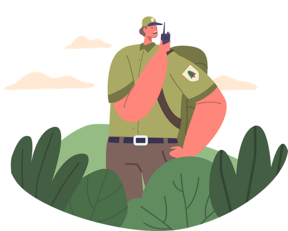 Ranger Forester Communicating With Walkie-talkie  Illustration
