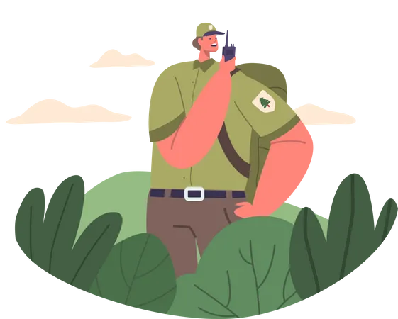 Ranger Forester Communicating With Walkie-talkie  Illustration