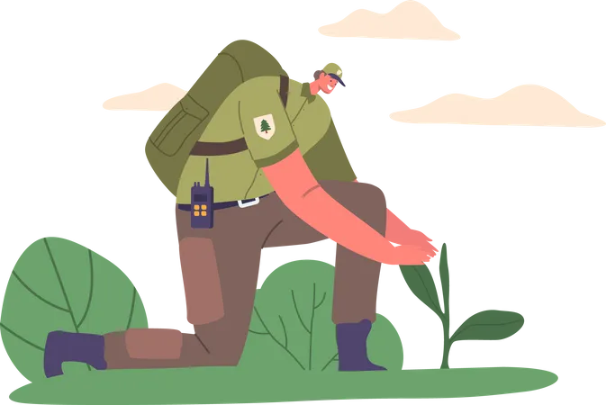 Ranger Forester Sprout en plantant dans un sol approprié  Illustration