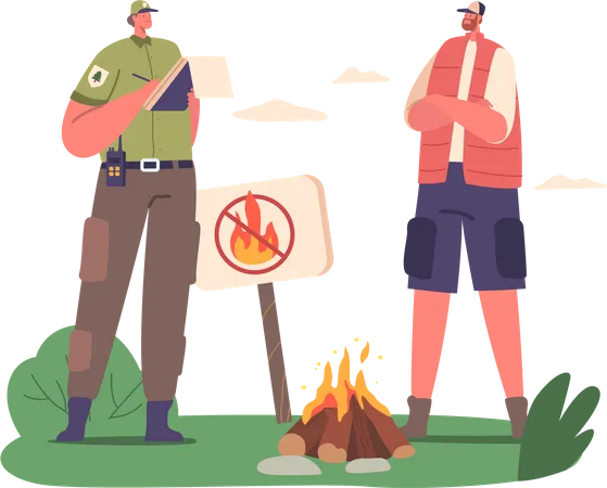 Ranger Forester Issues Fine For Man Intruder Burning Fire In Forest Illustration
