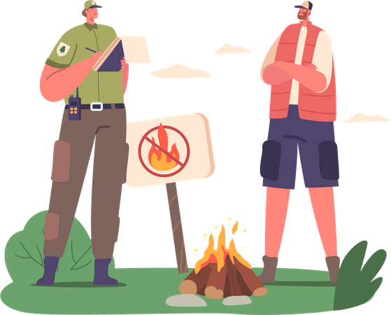 Ranger Forester Issues Fine For Man Intruder Burning Fire In Forest  Illustration