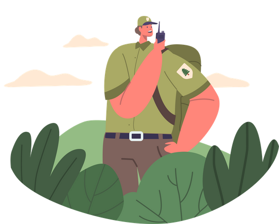 Ranger Forester kommuniziert mit Walkie-Talkie  Illustration