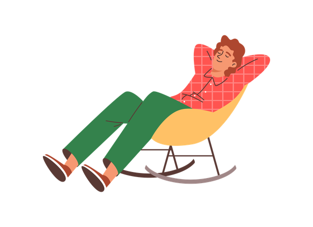 Rapaz descansando em cadeira de balanço retrô com pernas de madeira  Ilustração