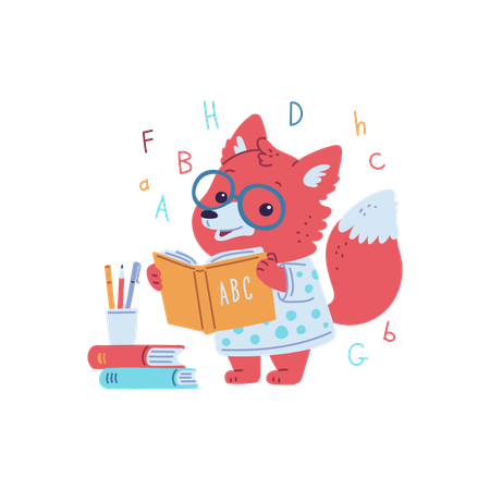 Raposa fofa com roupas e óculos lendo livro  Ilustração