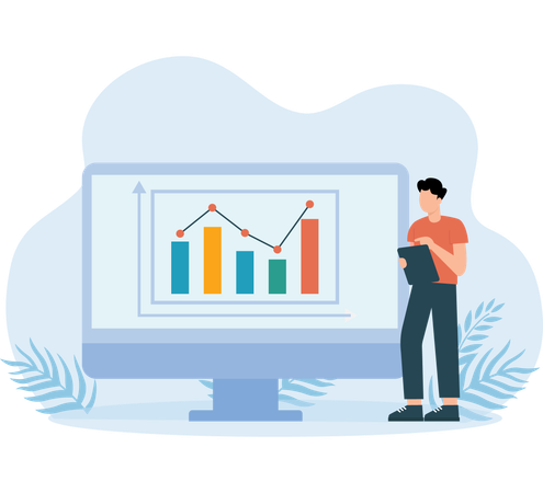 Homme effectuant une analyse du rapport de marché  Illustration