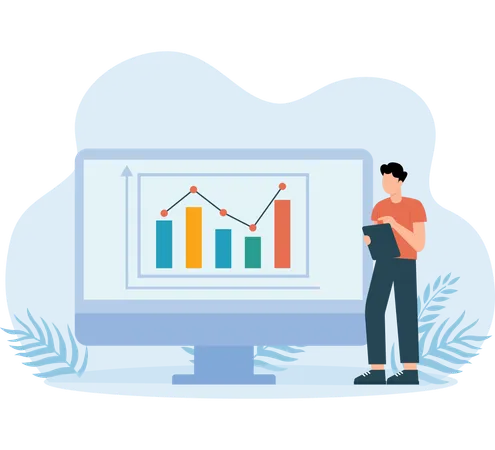 Homme effectuant une analyse du rapport de marché  Illustration