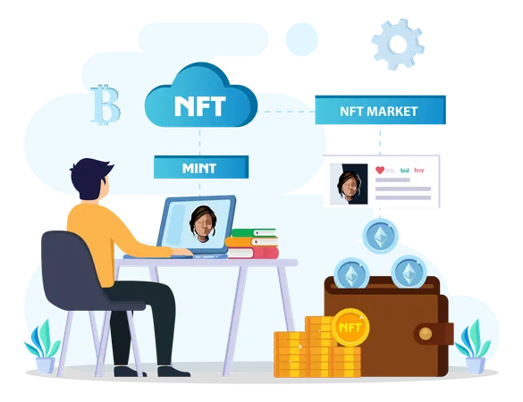 NFT Non Fungible Token Digital Crypto Art Blockchain Technology Flat Vector Illustration Illustration