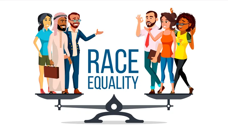 Rasse Gleichheit Vector Auf Scales Leute Verschieden Rasse Und Hautfarbe Gleich Rights Freigestellt Flache Karikatur Abbildung Illustration