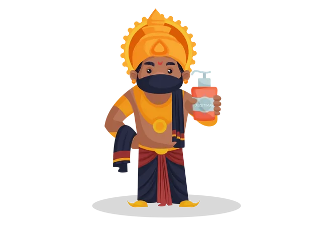 Ravan wearing mask and holding sanitizer in hand  Illustration