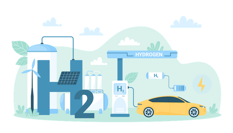 Reabastecimento com combustível de hidrogênio verde de carro ecológico na estação  Ilustração