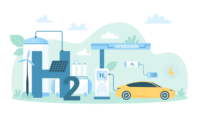 Reabastecimento com combustível de hidrogênio verde de carro ecológico na estação  Ilustração