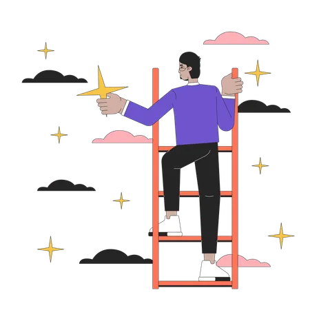 Reaching For Star Climbing Ladder Of Success 2 D Linear Illustration Concept Successful Businessman Arab Cartoon Character Isolated On White Goal Achievement Metaphor Abstract Flat Vector Outline Illustration