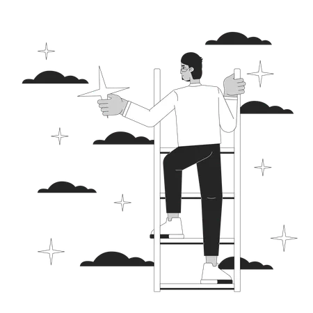 Reaching For Star Climbing Ladder Of Success Black And White 2 D Illustration Concept Success Businessman Arab Cartoon Outline Character Isolated On White Goal Achievement Metaphor Monochrome Vector Illustration
