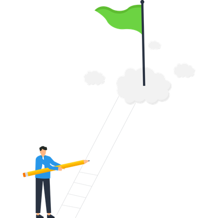 Reaching the Goal  of a Man Using a Pencil to Climb a Ladder to a Green Flag  Illustration