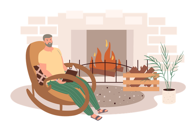 Reading Book By Fireplace  Illustration