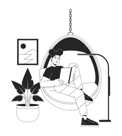 Reading In Hanging Chair Bw Vector Spot Illustration Asian Woman Reading Book 2 D Cartoon Flat Line Monochromatic Character For Web UI Design Girl Bookworm Editable Isolated Outline Hero Image Illustration