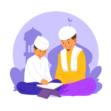 Reading Quran In Ramadan Illustration