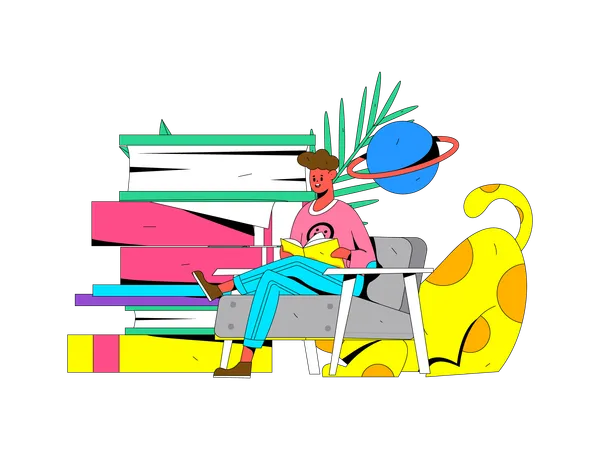 Reading school season flat vector character scene illustration12A  Illustration