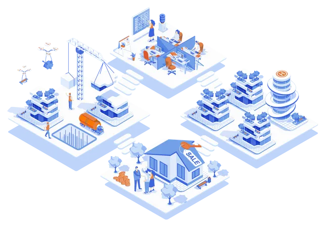 Real Estate Concept 3 D Isometric Web Scene With Infographic People Working At Construction Sales And Mortgage Departments Clients Buying New Houses Vector Illustration In Isometry Graphic Design イラスト