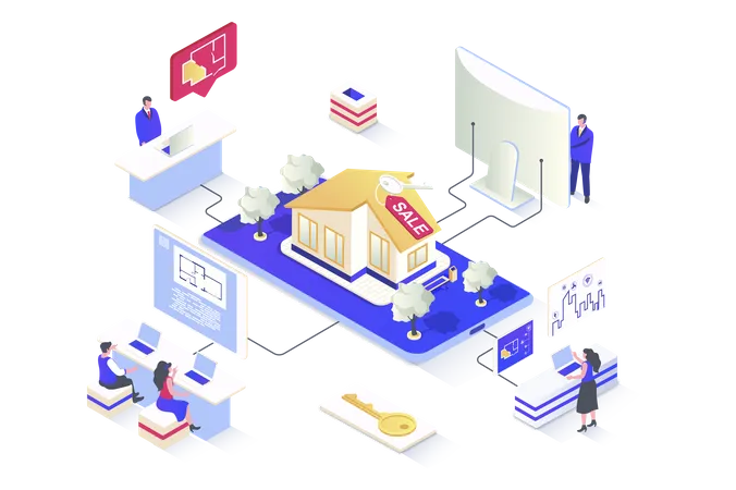 Real Estate Concept In 3 D Isometric Design Architectural Agency Makes Blueprints Realtors Sell Apartments And Houses To New Owners Vector Illustration With Isometry People Scene For Web Graphic Illustration