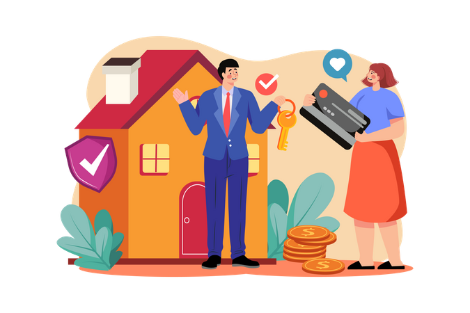 Real estate agent giving house key  Illustration