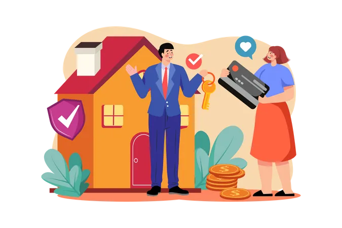 Real estate agent giving house key  Illustration