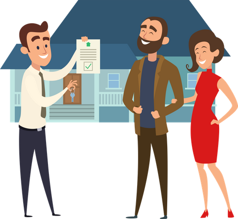 Real estate agent giving key and document to couple  Illustration