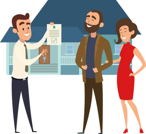 Real estate agent giving key and document to couple  Illustration