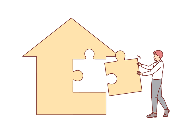 Real estate agent is building house from puzzles  Illustration