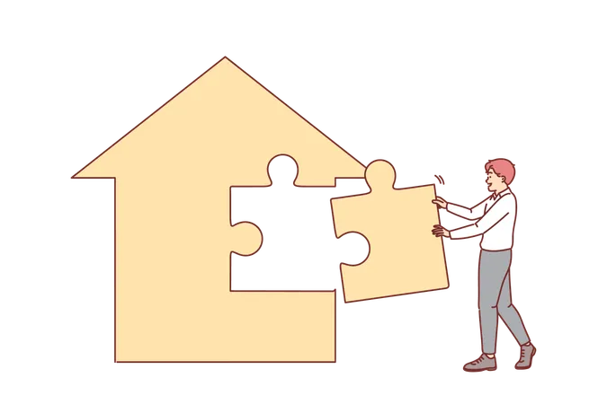 Real estate agent is building house from puzzles  Illustration