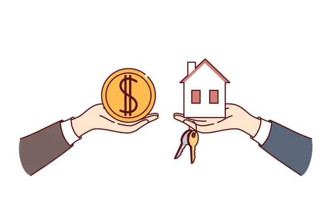 Real Estate Transaction When Buying Or Renting House With Hands Holding Money And Miniature Cottage With Keys Realtor Or Broker Sells Apartment To Buyer Wants To Invest In Own Real Estate Illustration