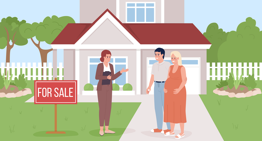 Real estate agent showing home to pregnant couple Illustration