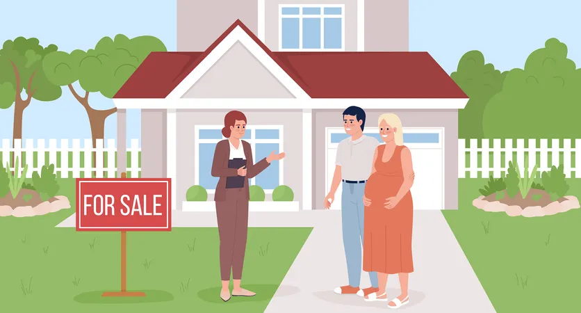 Real estate agent showing home to pregnant couple  Illustration