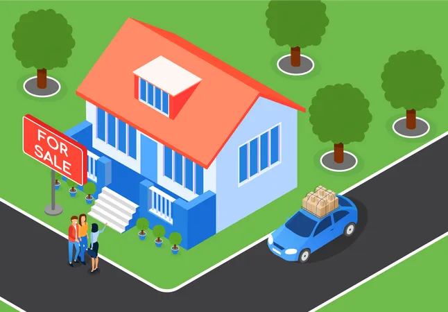 Real estate agent showing house to customers  Illustration