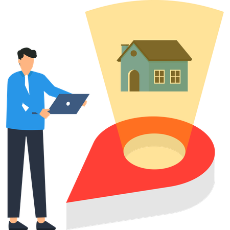 Real Estate Agent Using Laptop to Locate Property with GPS Pin  Illustration