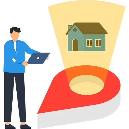 Real Estate Agent Using Laptop to Locate Property with GPS Pin  Illustration