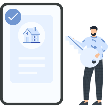 Real Estate App Concept: Man with Key and Phone Displaying House Icon, New Home  Illustration