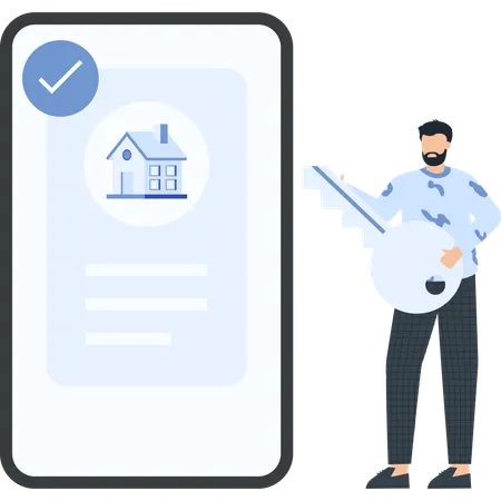 Real Estate App Concept: Man with Key and Phone Displaying House Icon, New Home  Illustration
