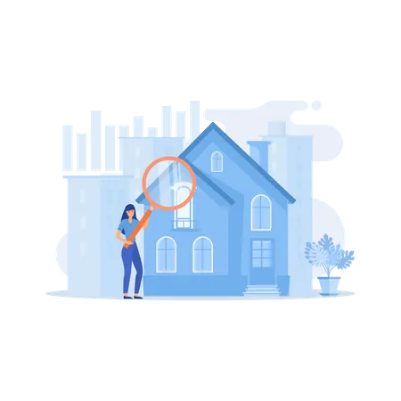 Real estate customer with magnifier looking for property for sale Illustration