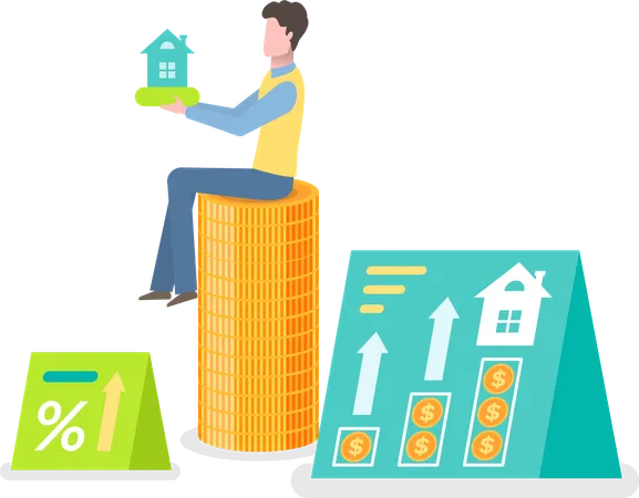 Money Investment Coins And Dwelling Sign Rising Arrow And Percent Man Holding House Object Currency And Worker Employee Character And Finance Vector Illustration