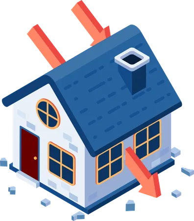 Flat 3 D Isometric Falling Arrow Piercing Through House Real Estate Investment Crisis Concept Illustration