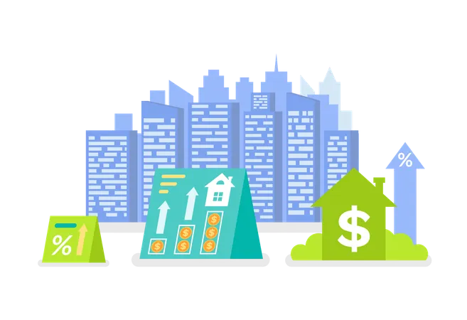 Modern City Vector Dollar Currency Sign And Arrow Growing Up Real Estate Industry Profit And Money Making Futuristic Look Of Skyscrapers Residential Illustration