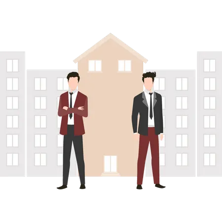 Two Mens Standing In Front Of A Building Illustration