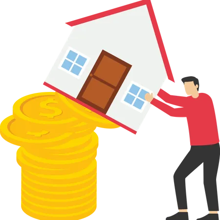 Real Estate Stock Risk Or Economic Recession Concept Property And Housing Market Crash Home Owner Entrepreneur Or Real Estate Agent Helping To Protect House From Falling From Pile Of Unstable Coins Illustration